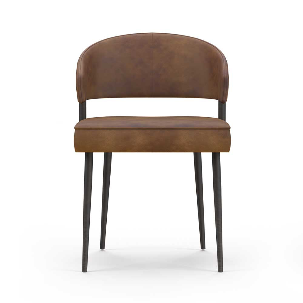 A modern accent chair with a curved brown seat and backrest, supported by slim black metal legs, shown against a plain white background.
