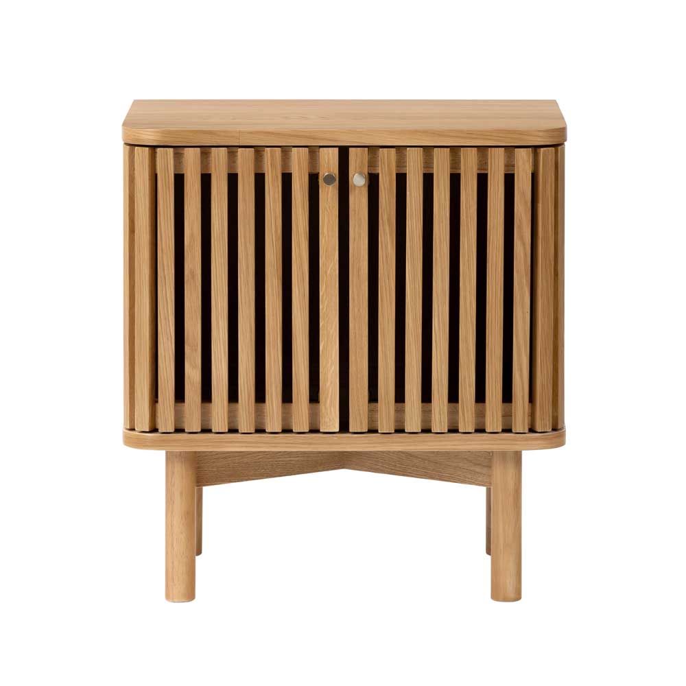 Wooden cabinet with slatted design on a white background