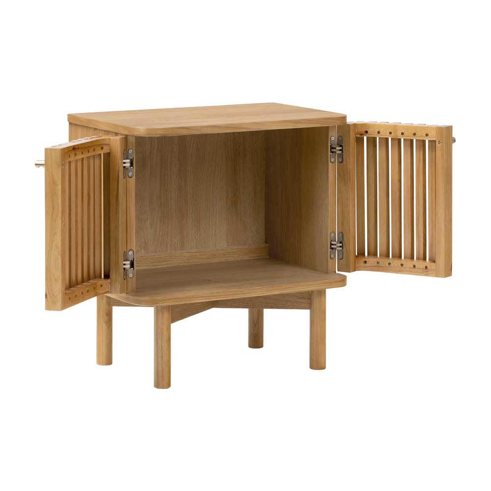 Wooden sidetable / cupboard with open slatted doors on a white background