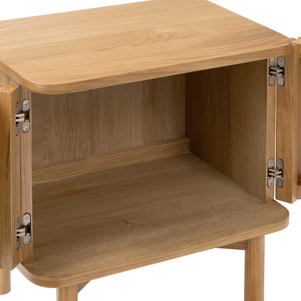 Wooden side table with open doors on a white background