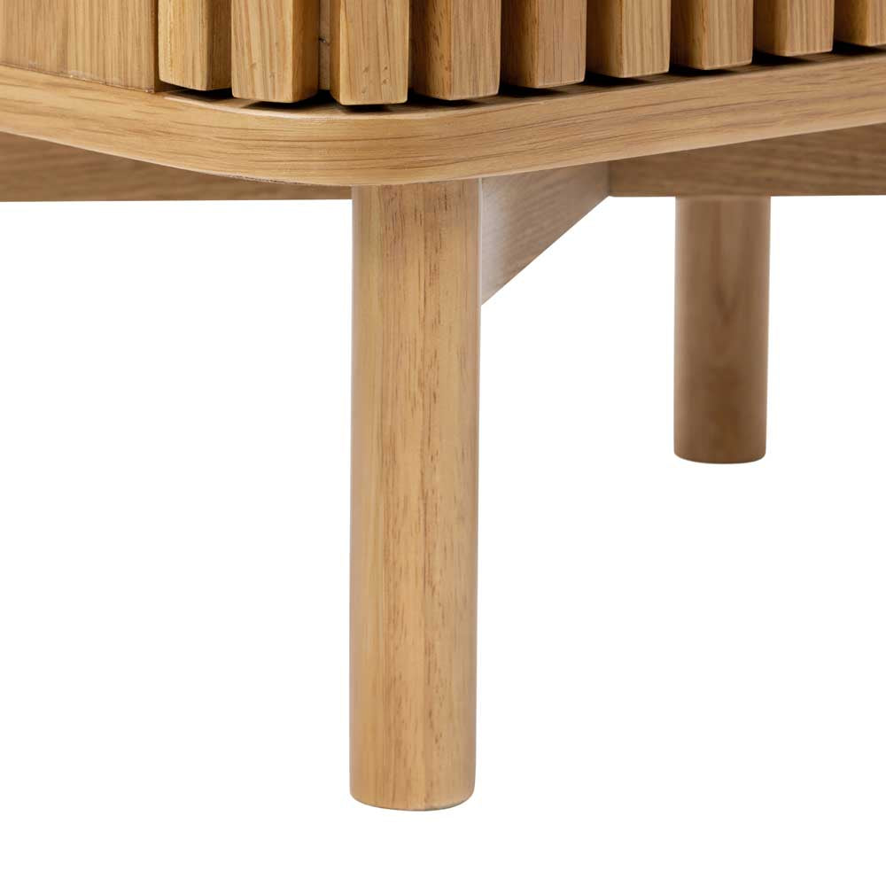 Close-up of wooden side table legs with a white background