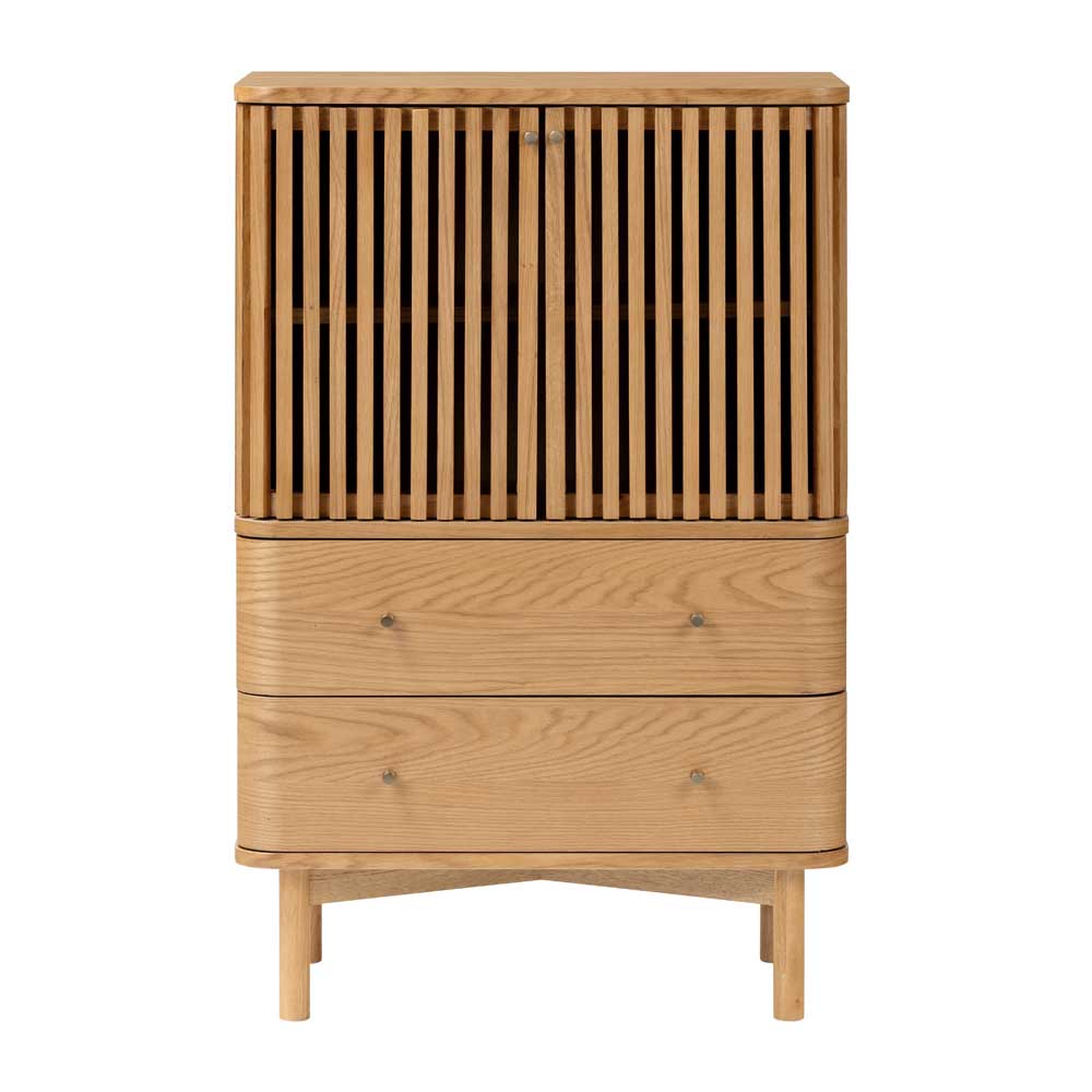 Wooden cabinet with slatted design on a white background