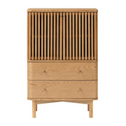 Wooden cabinet with slatted design on a white background