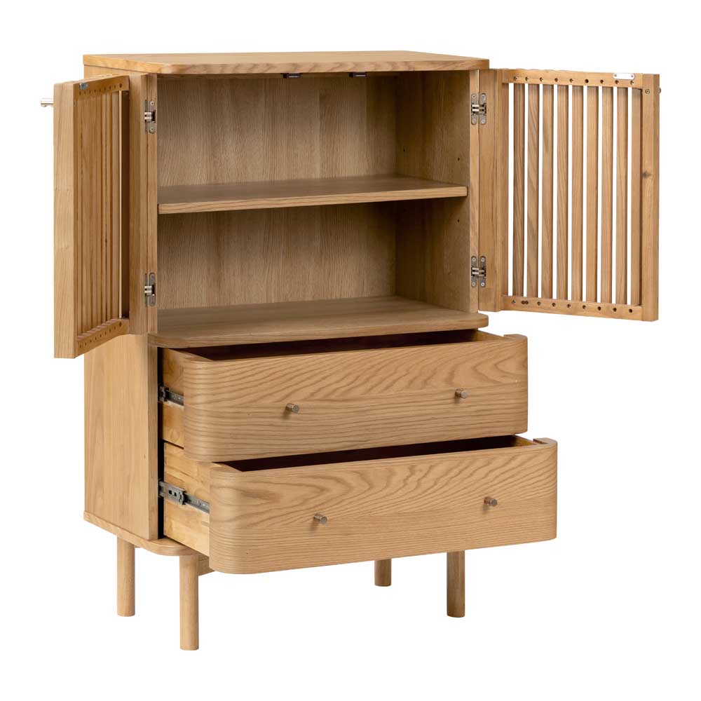 Wooden cabinet with open doors and drawers on a white background