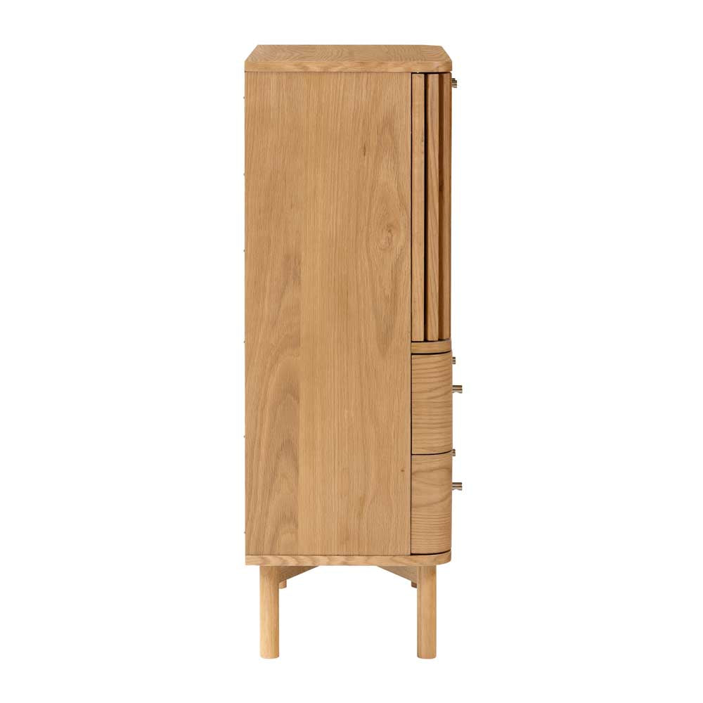 Side view of a Wooden cabinet with a door and drawers on a white background