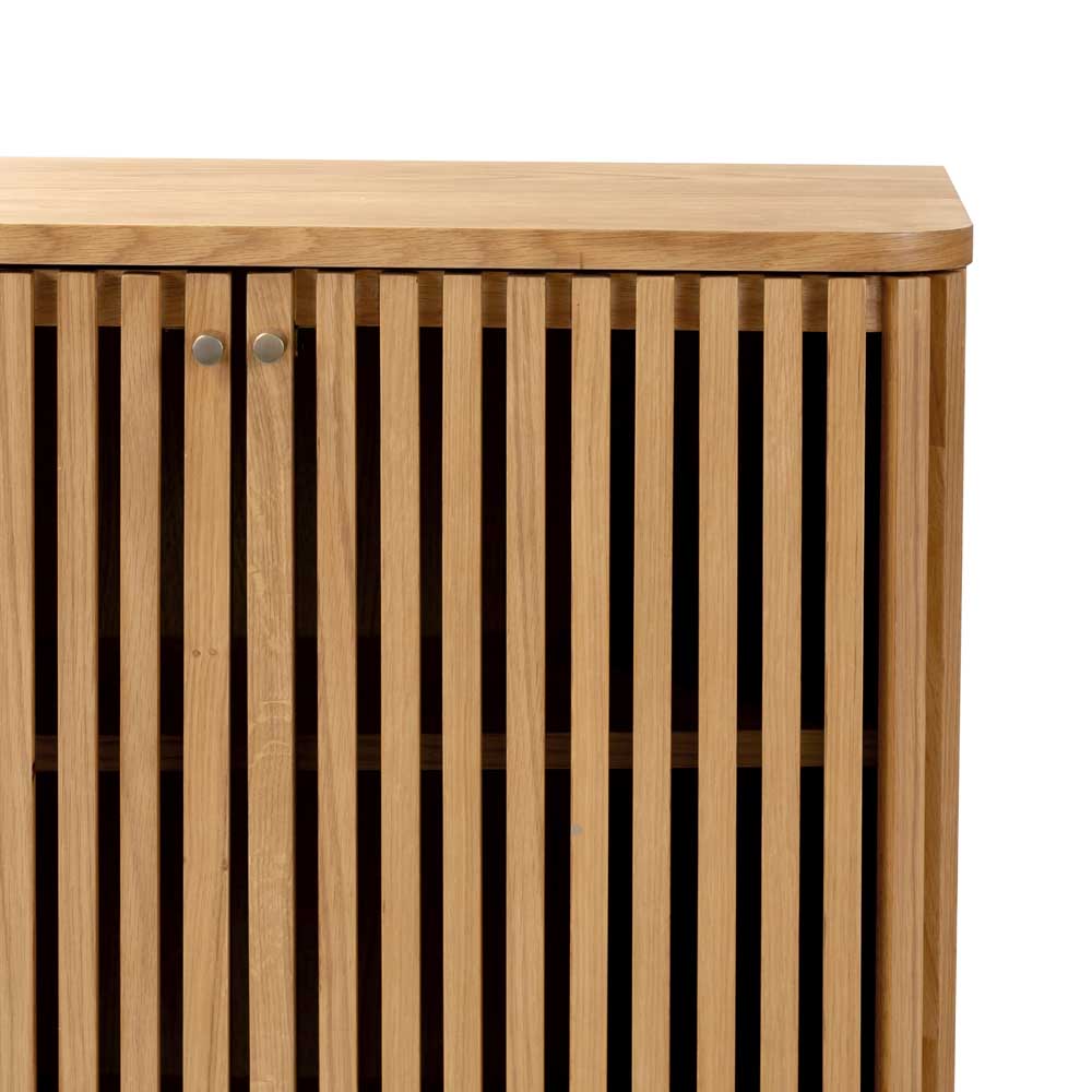 Wooden cabinet with slatted design on a white background