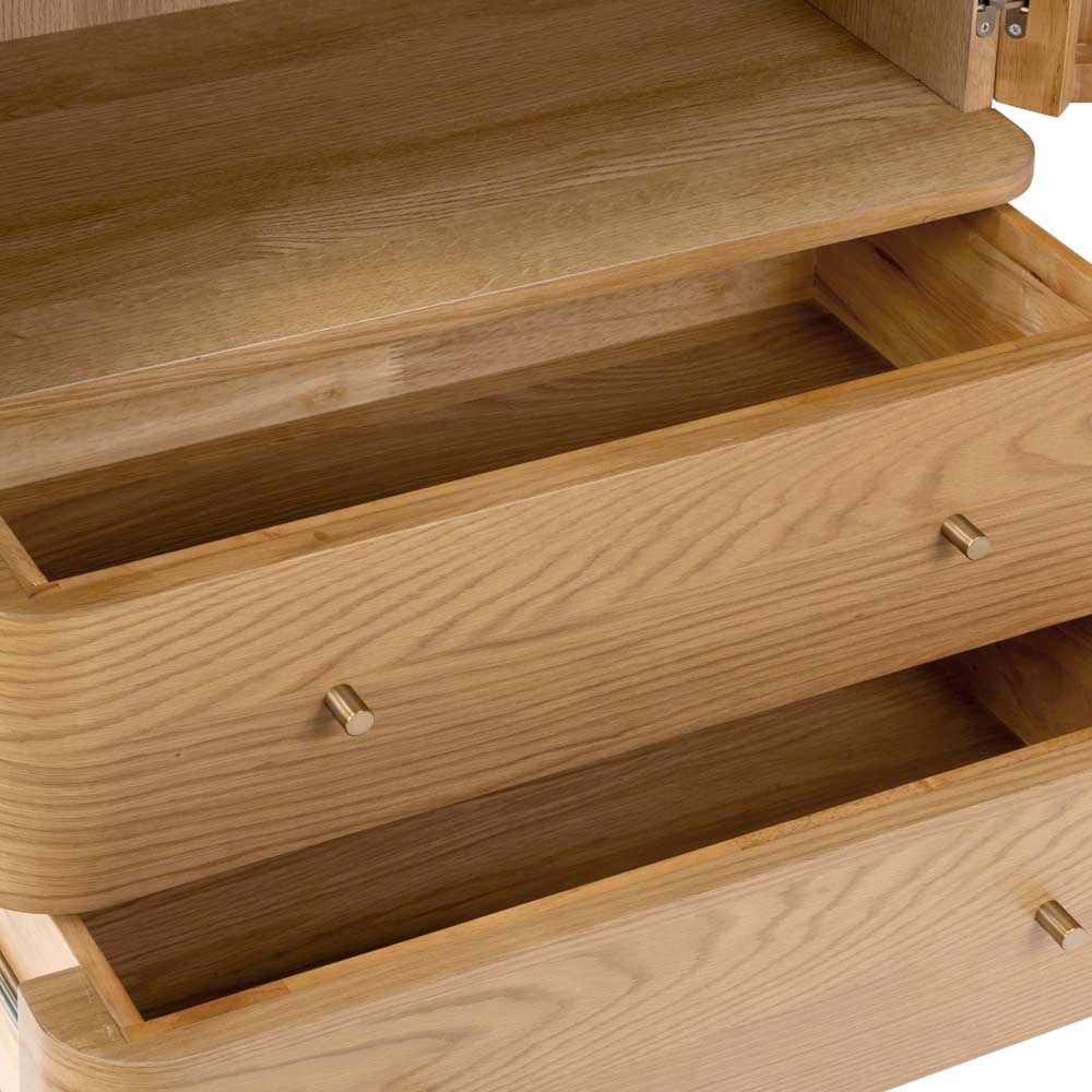 Wooden storage cabinet with open drawers showing interior compartments.