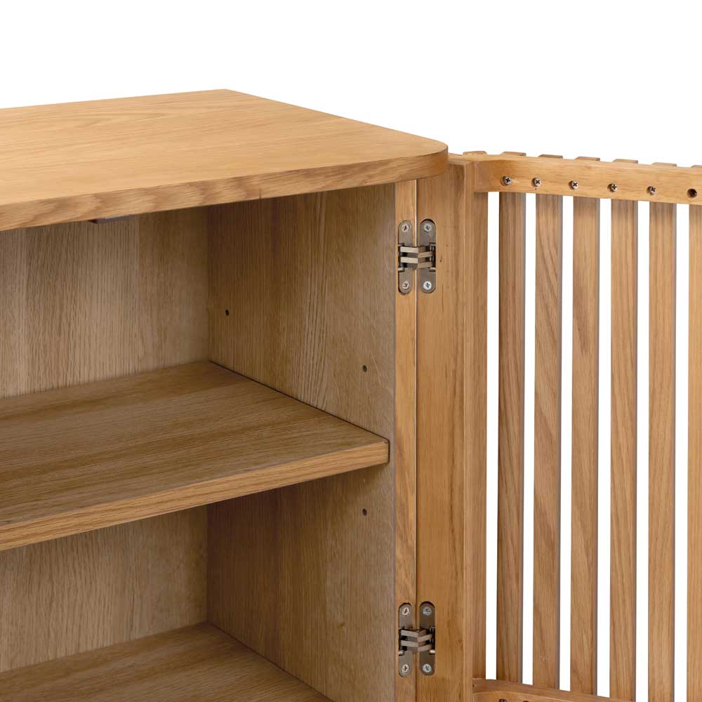Wooden cabinet showing internal shelf shelf with open slatted  door on a white background