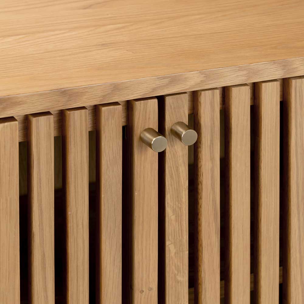 Wooden cabinet with slatted design and two fold effect knobs.
