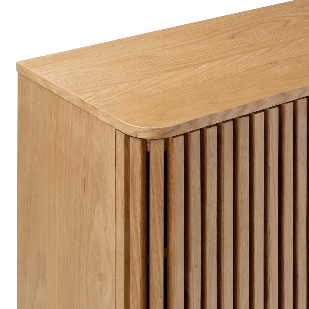 Wooden cabinet with slatted design on a white background