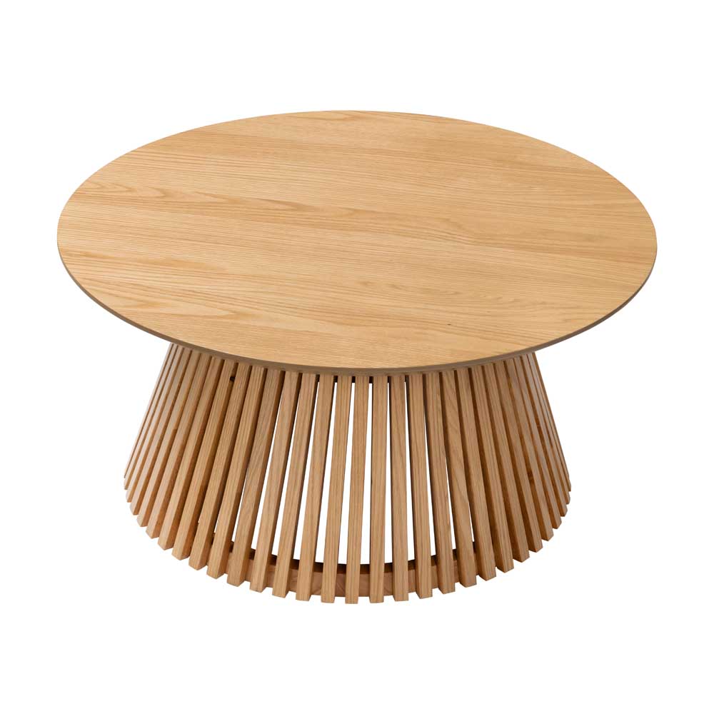 Wooden round table with a unique base design on a white background
