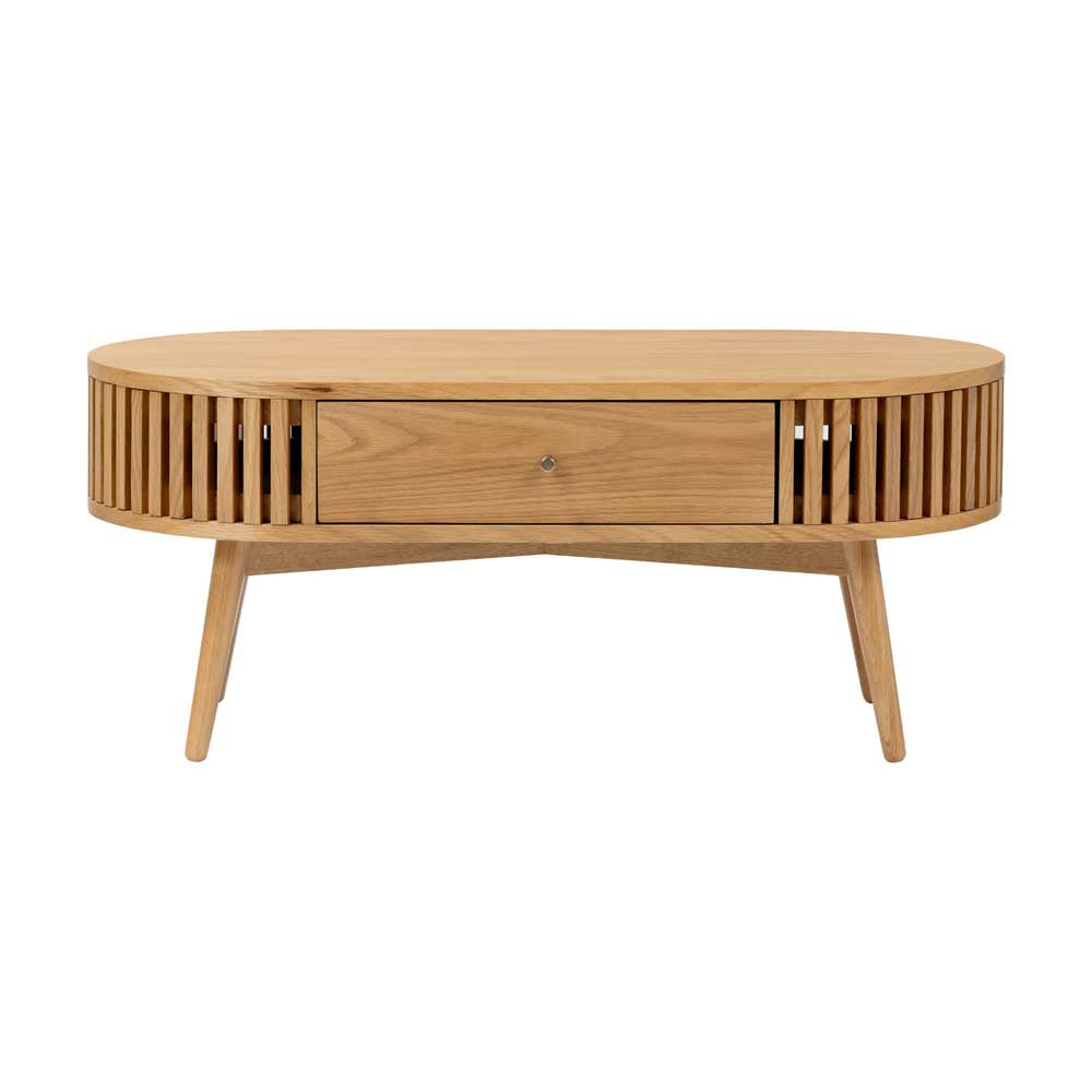 Wooden coffee table with a drawer and slatted design on a white background