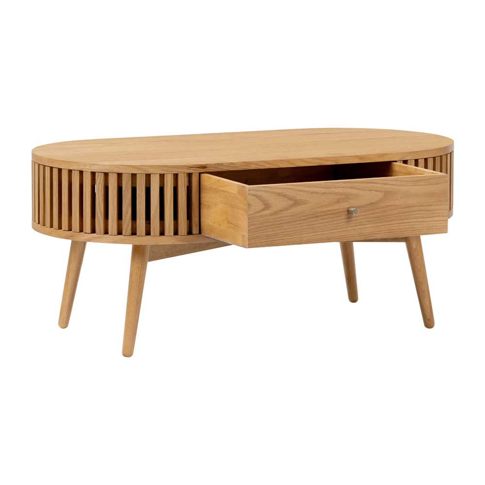 Wooden coffee table with a drawer on a white background