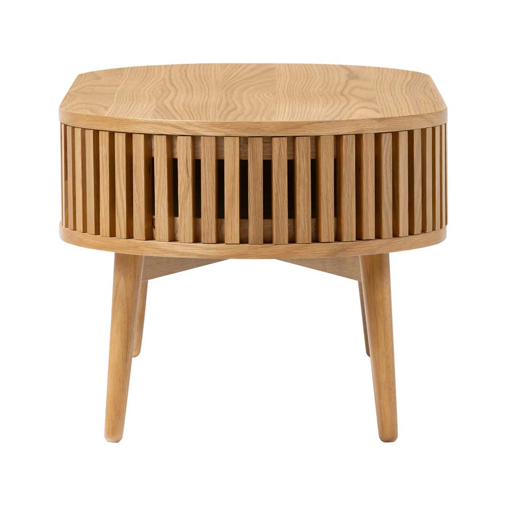 Wooden oval coffee table with slatted design on a white background