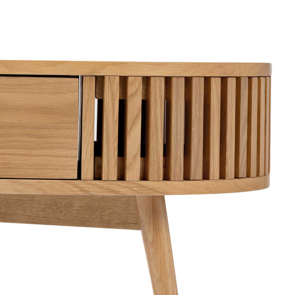 Wooden coffee table with a drawer and slatted design on a white background