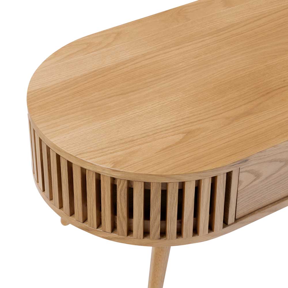 Wooden coffee table with a slatted design on a white background
