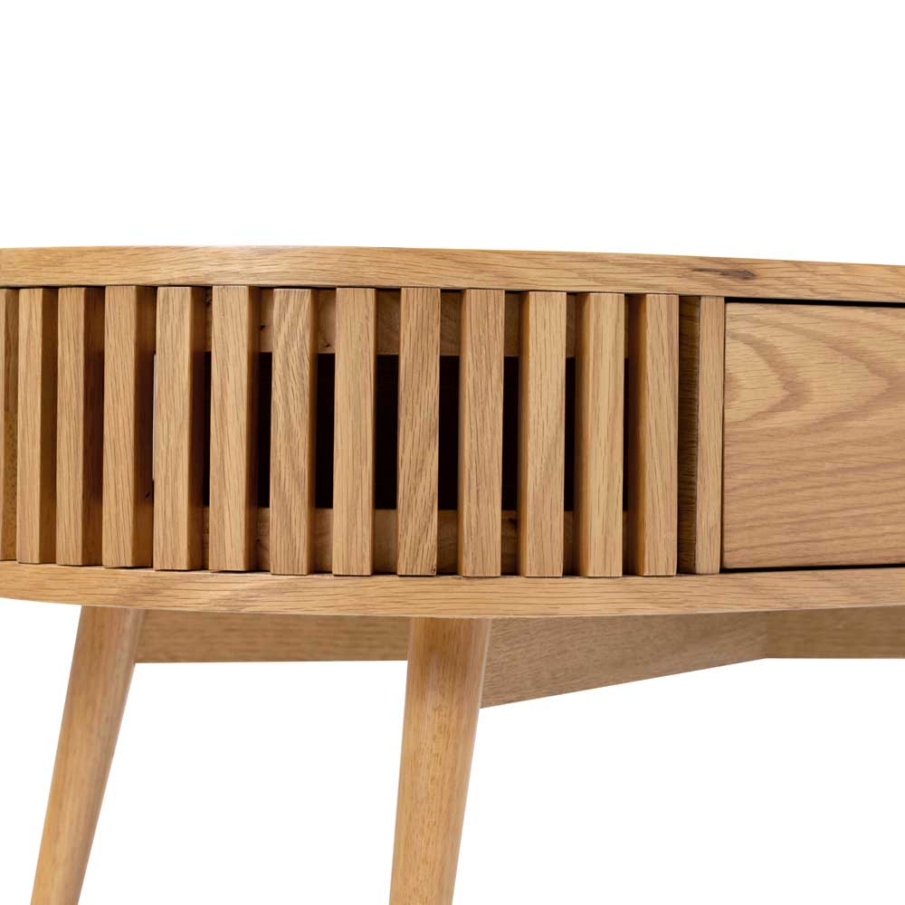 Wooden coffee table with slatted design and drawer on a white background