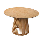 Wooden round table with a unique slatted tapered base design on a white background