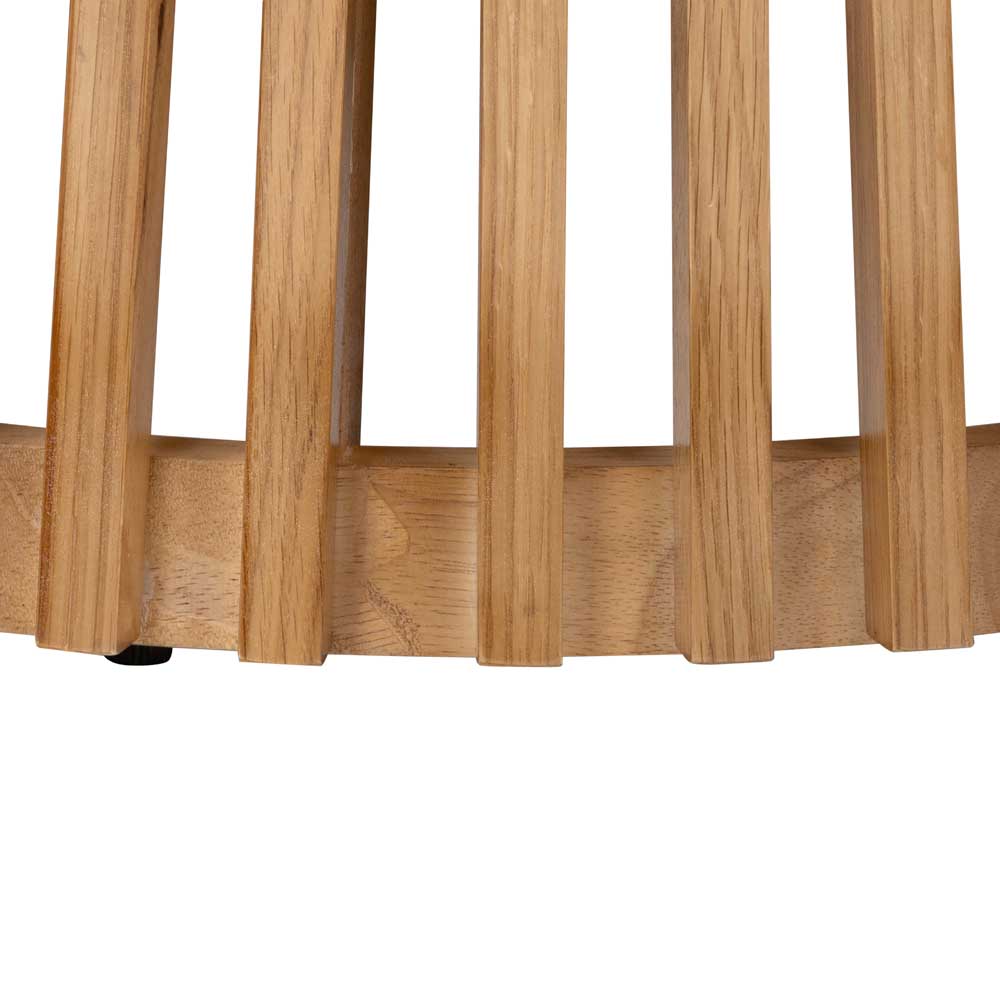 Close-up of wooden slatted table base with a white background