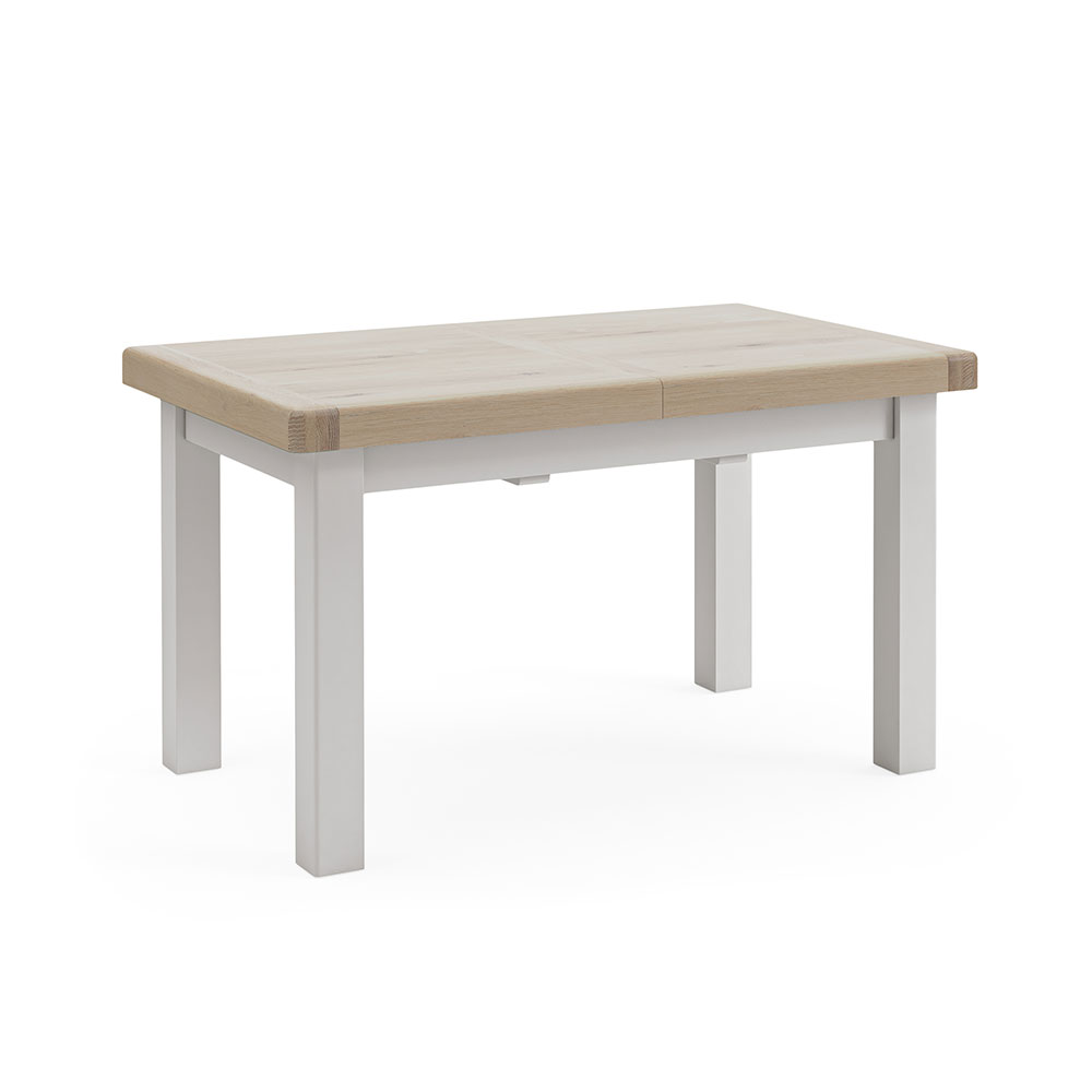 Rectangular oak extending dining table. table. Oak top. Grey painted legs and frame.