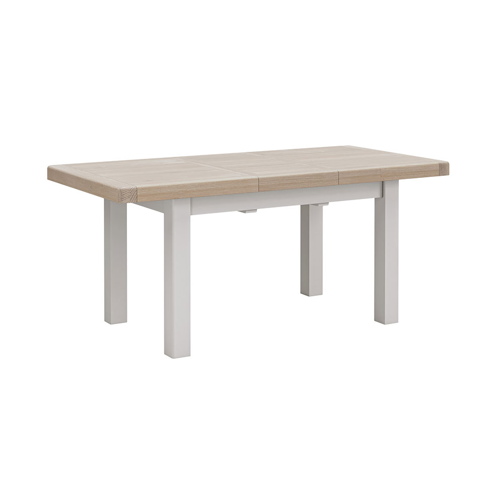 Rectangular oak dining table, fully extended. Oak top. Grey painted legs and frame.