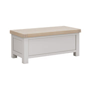 elegant grey blanket box with oak top. 2.5 times as long as it is wide.