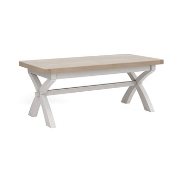 Grey painted oak extending table with X shaped leg design.