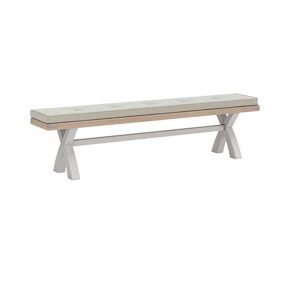 Oak bench, painted grey with a light coloured cushion