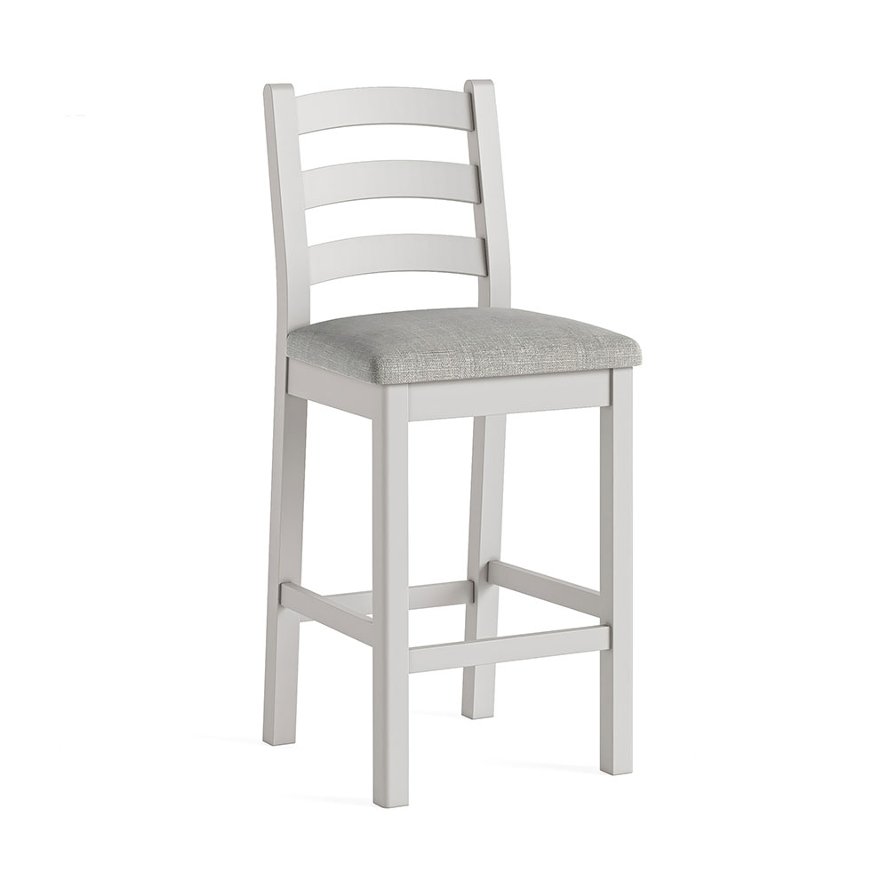 Grey painted oak bar stool with grey cushion and footrest bars between all four legs.
