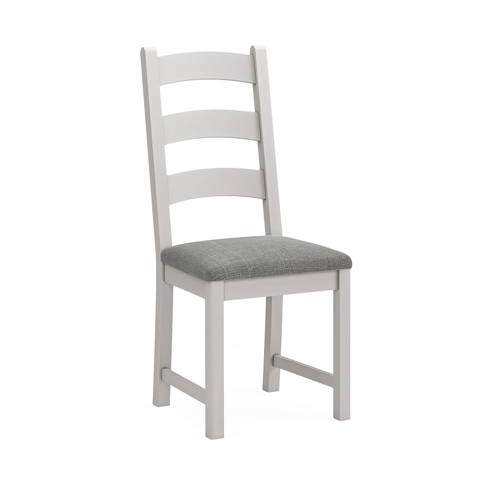 Grey painted oak dining chair with grey cushion. Has 3 wide horizontal slats in the backrest