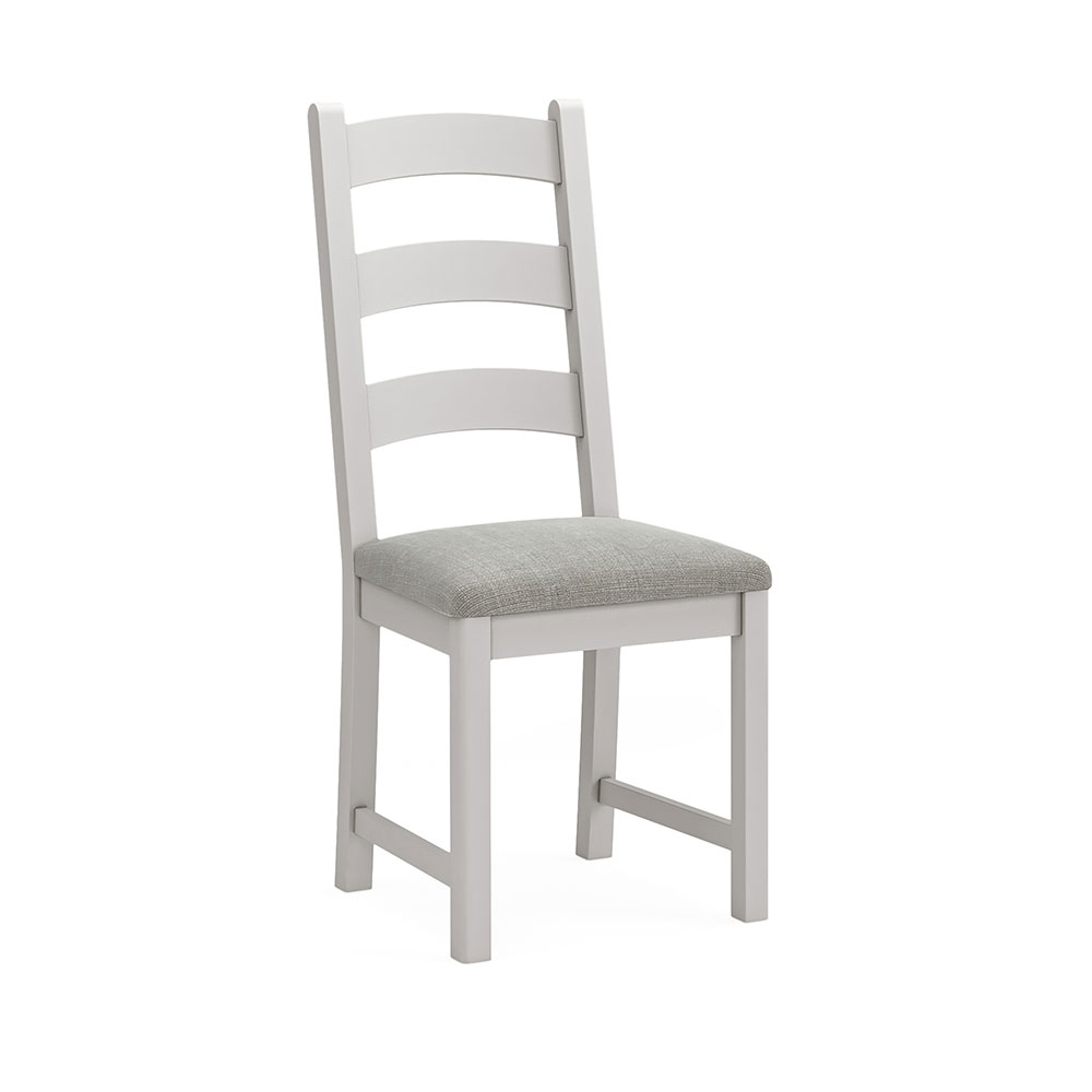 Grey painted oak dining chair with beige cushion. Has 3 wide horizontal slats in the backrest