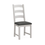 Grey painted oak dining chair with charcoal grey cushion. Has 3 wide horizontal slats in the backrest