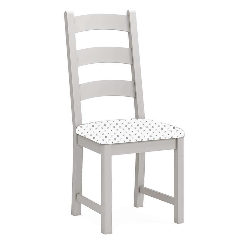 Grey painted oak dining chair without cushion. Has 3 wide horizontal slats in the backrest