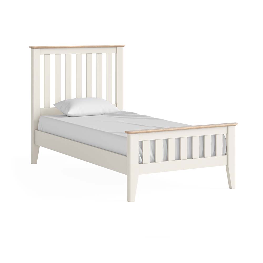 Oak painted slatted signle bedframe, white, with white pillow and matress.