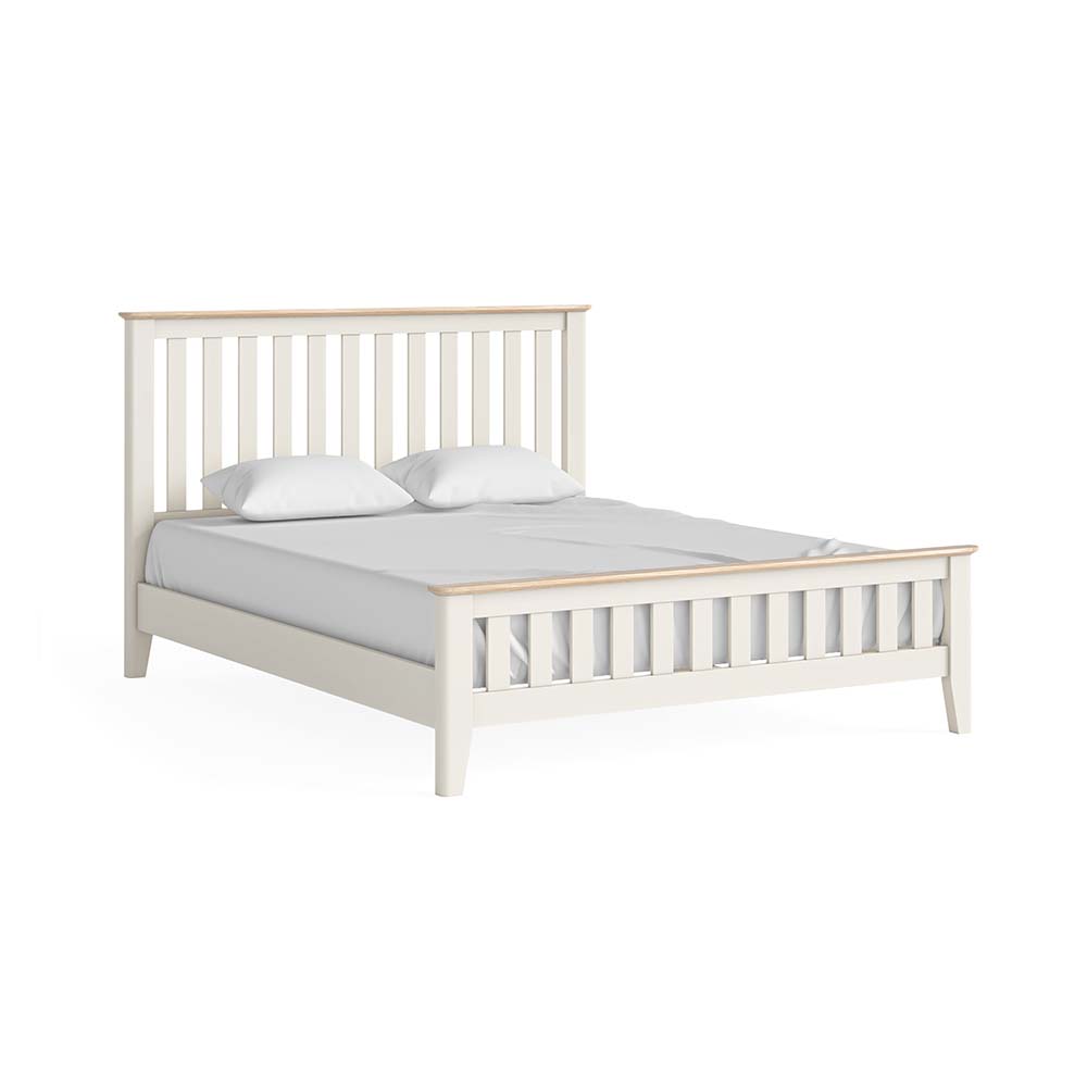 Oak painted slatted king 5ft bedframe, white, with white pillow and matress.