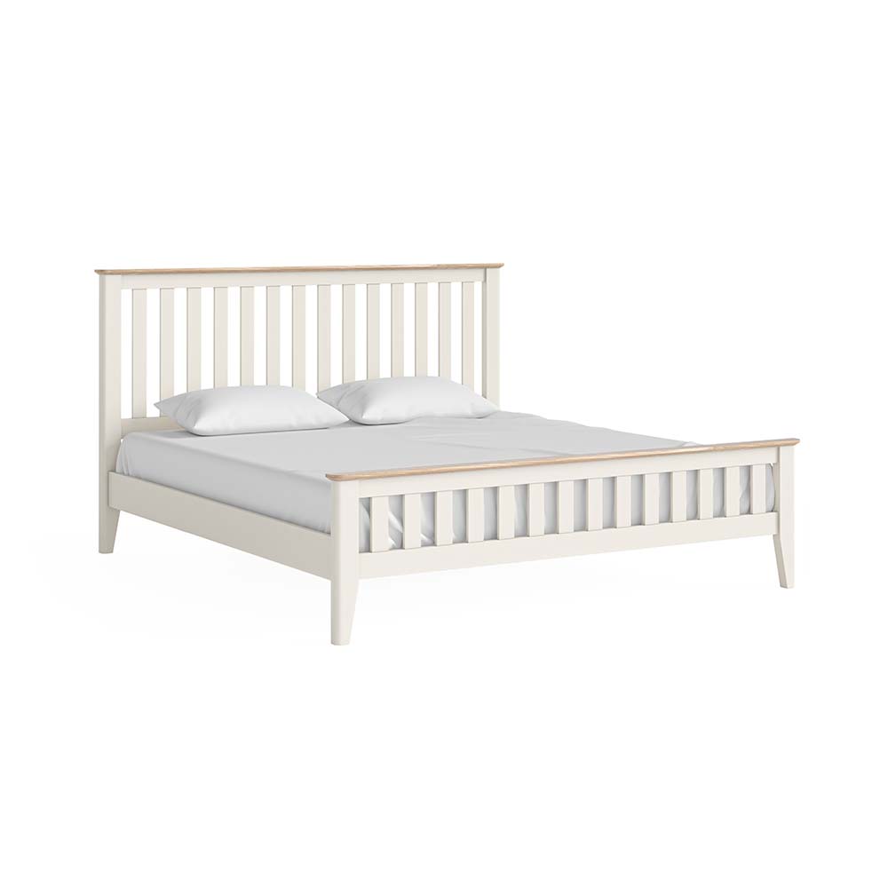 Oak painted slatted super king 6ft bedframe, white, with white pillow and matress.
