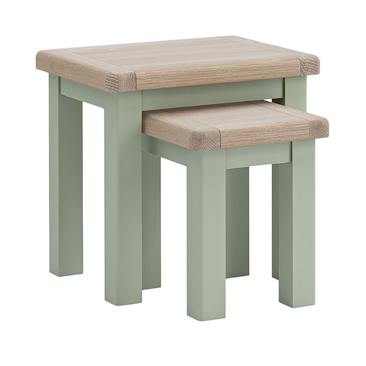 Nest of two tables. Thick Oak tops with sage frame and legs.
