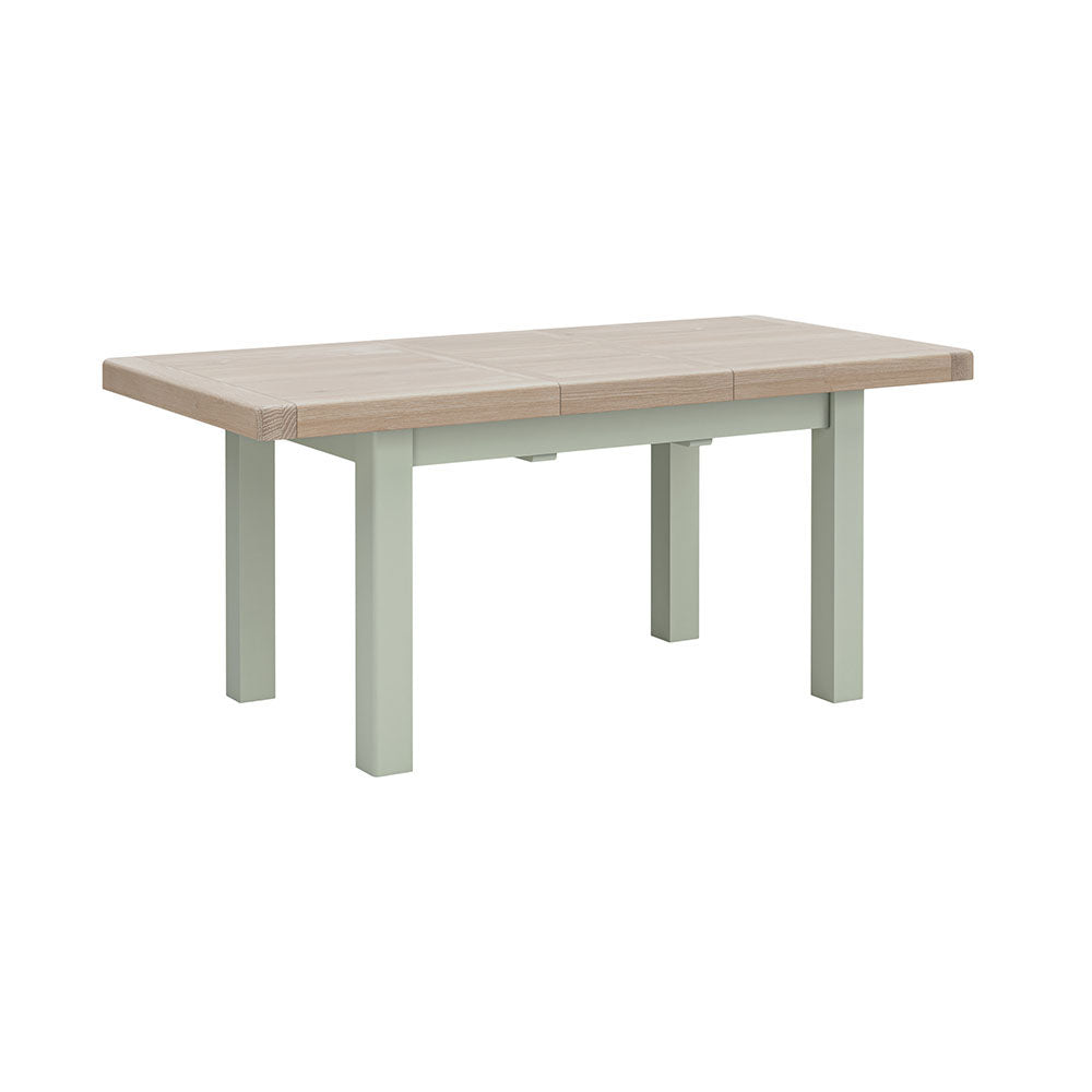 Rectangular oak dining table, fully extended. Oak top. Sage painted legs and frame.