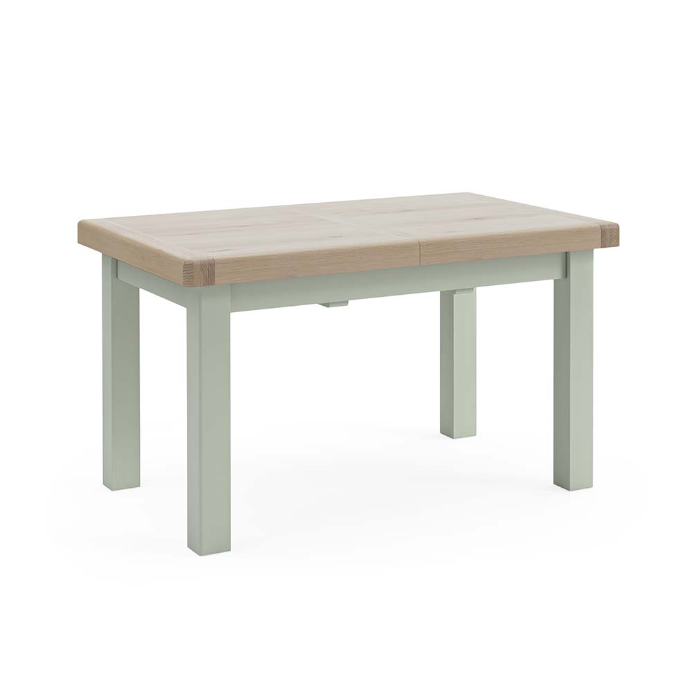 Rectangular oak extending dining table. table. Oak top. Sage painted legs and frame.
