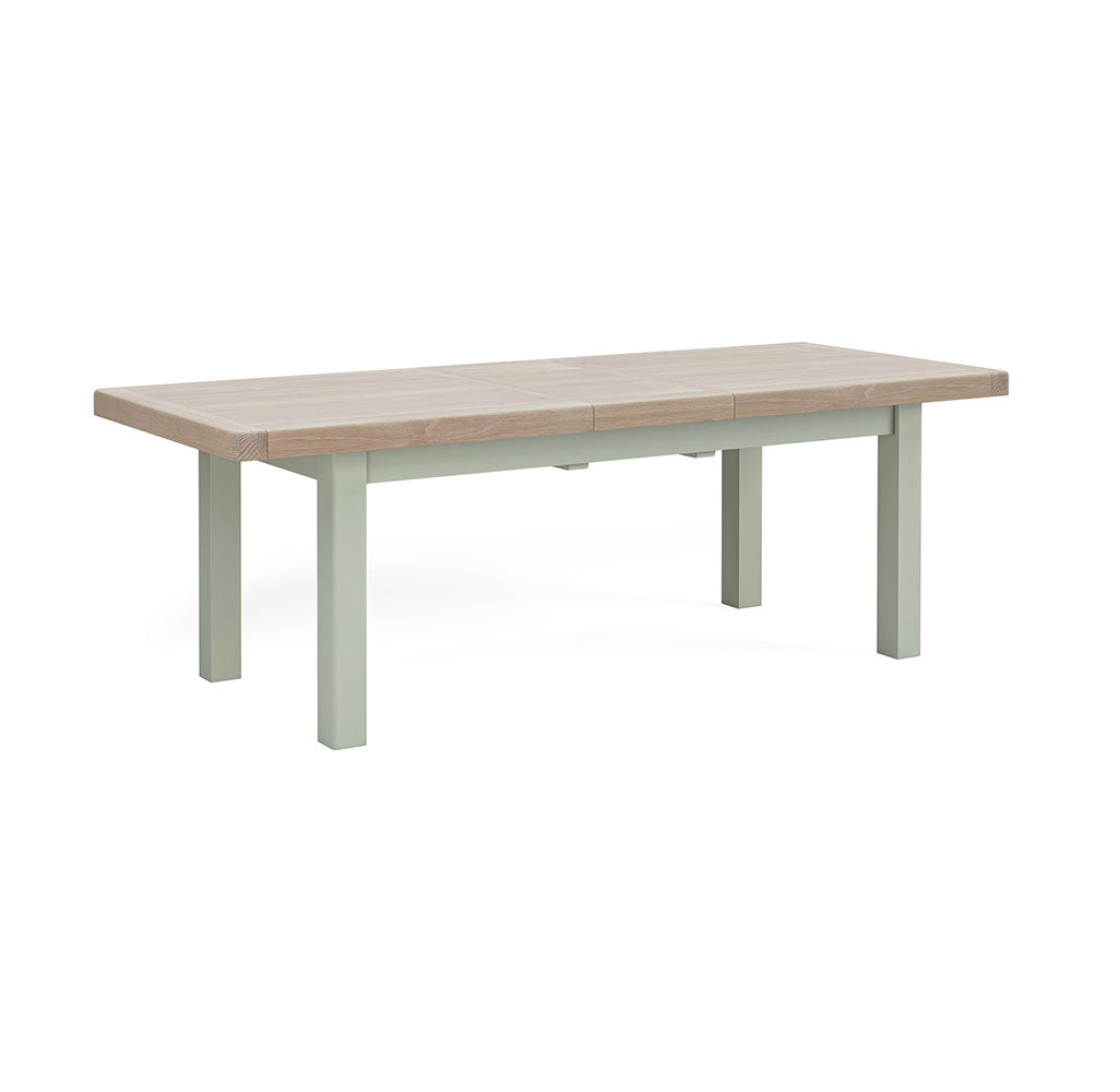 Rectangular oak dining table. Oak top. Sage painted legs and frame.