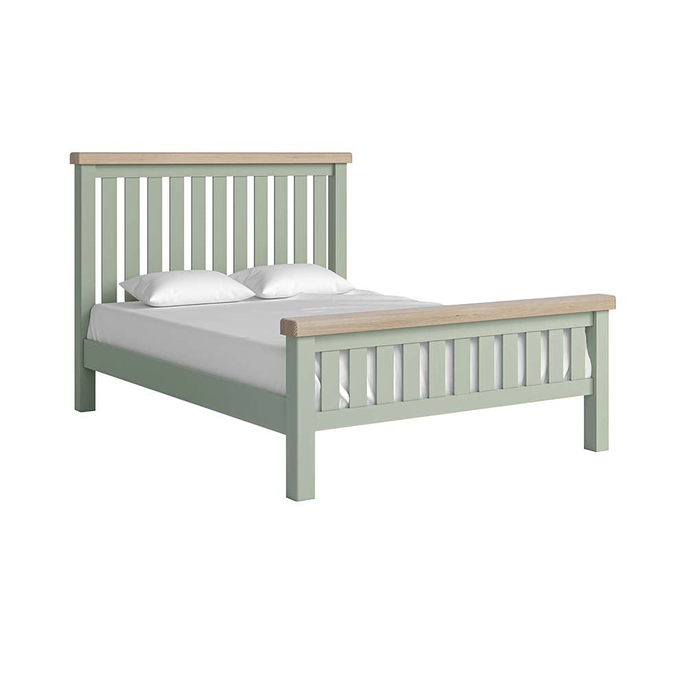 Sage slatted king bed with white matress and pillow and oak tops on headboard and footboard