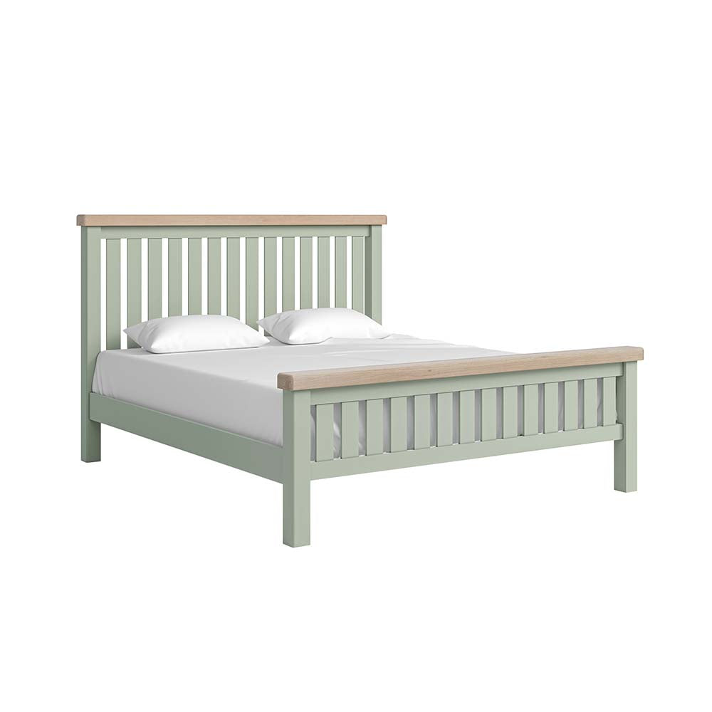 Sage slatted super king bed with white matress and pillow and oak tops on headboard and footboard