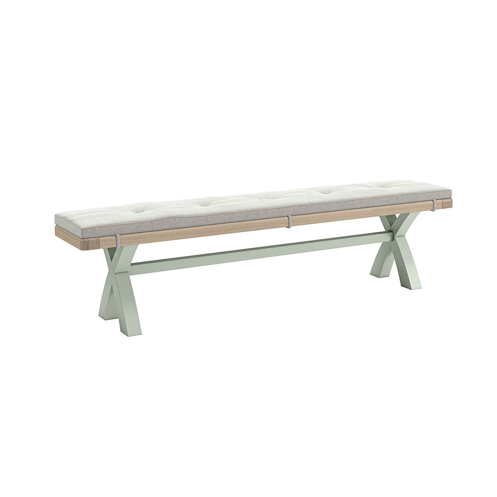 Oak bench, painted sage with a beige coloured custom cushion