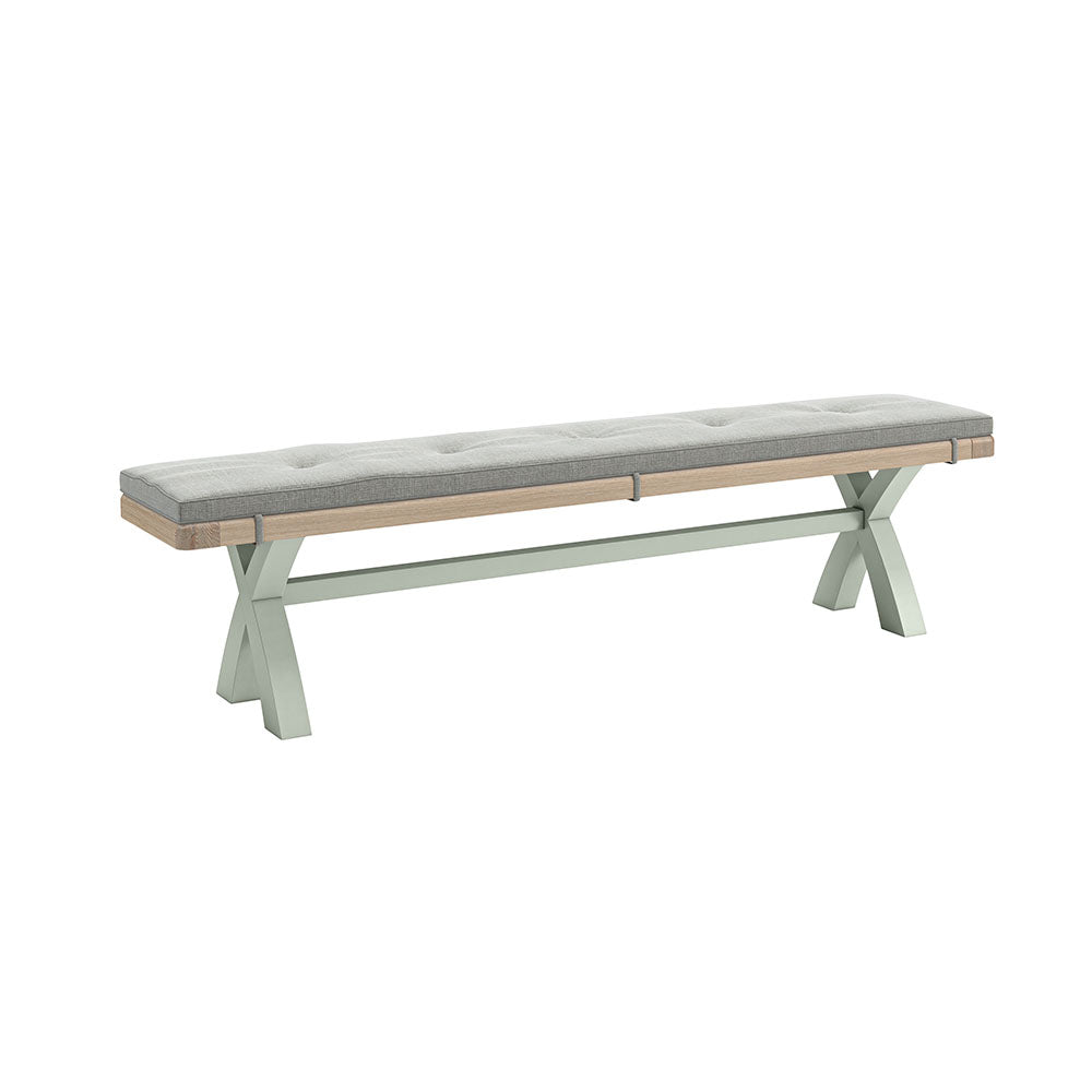 Oak bench, painted sage with a grey coloured custom cushion