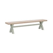 Oak bench, painted sage. Thick oak top. Unusual cross leg design.