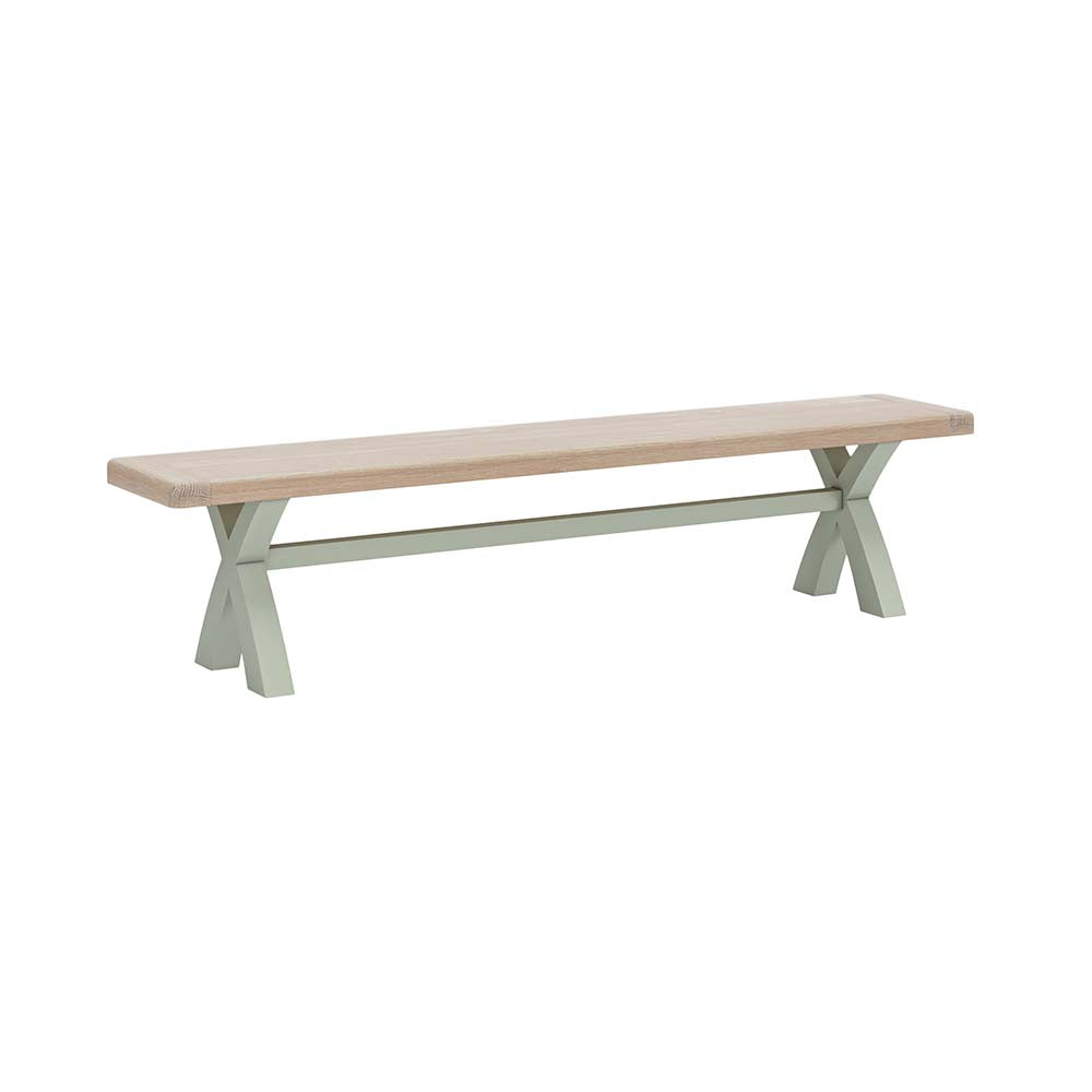 Oak bench, painted sage. Thick oak top. Unusual cross leg design.