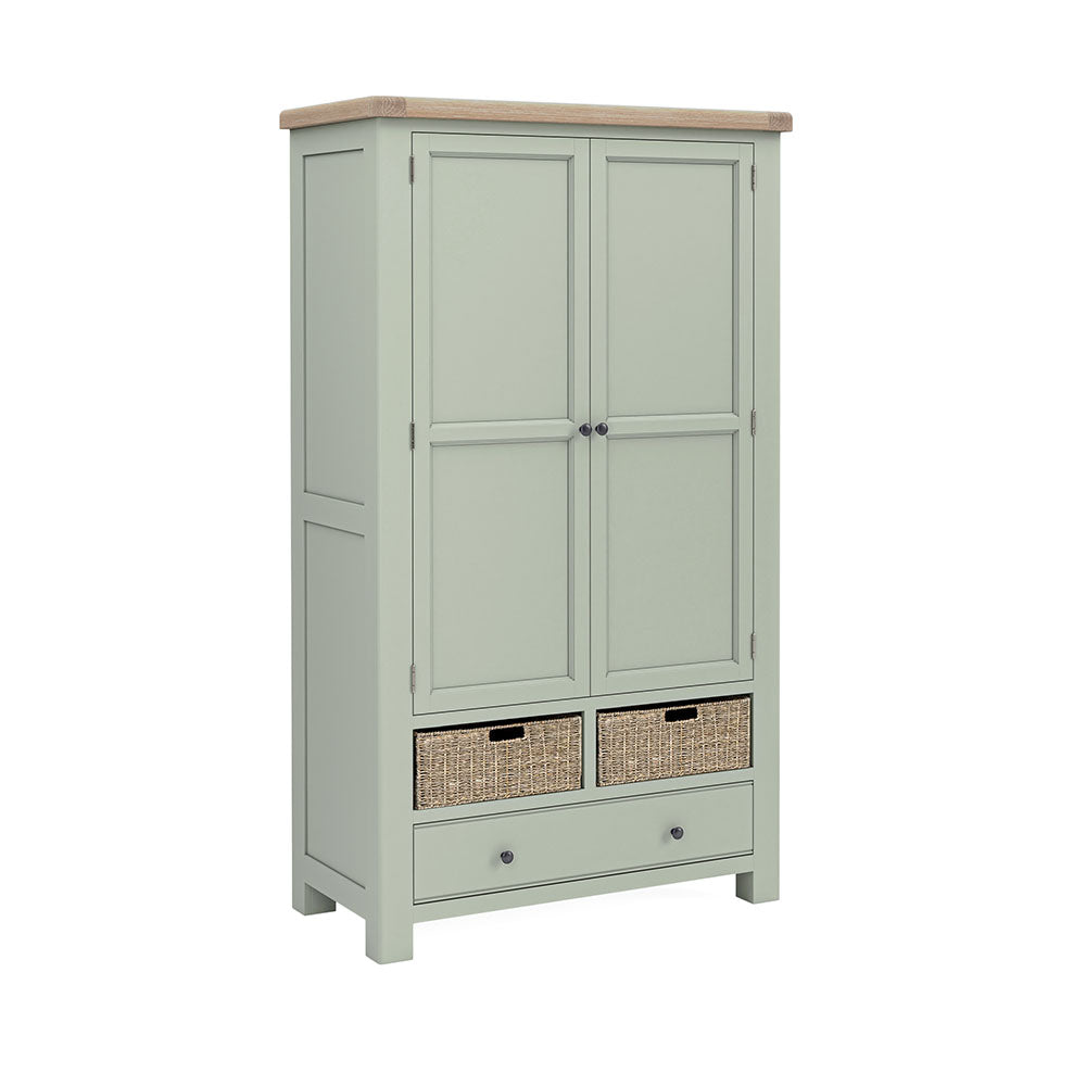 Kitchen larder - sage green - double doors, 2 storage baskets and a full length drawer. Antique handle.