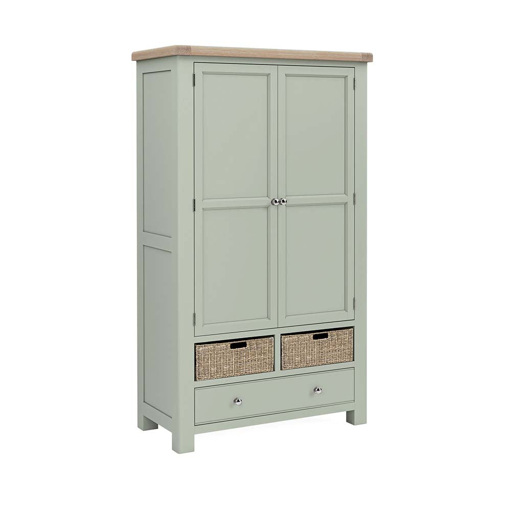 Kitchen larder - sage green - double doors, 2 storage baskets and a full length drawer.