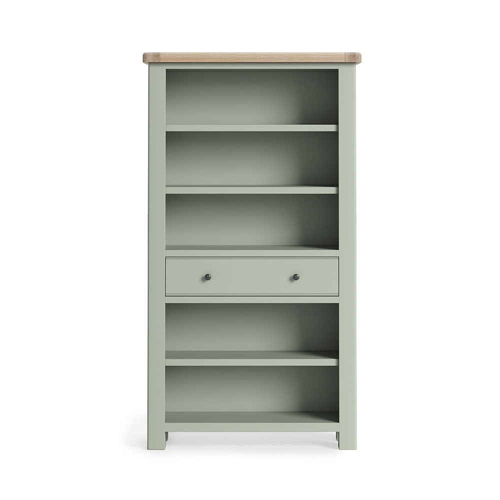 Sage green painted oak large bookcase with 5 open shelves and one full length drawer with 2 customisable knobs under the 3rd shelf.