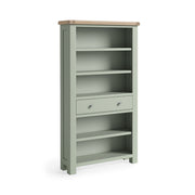 Sage green painted oak large bookcase with 5 open shelves and one full length drawer with 2 customisable knobs under the 3rd shelf.